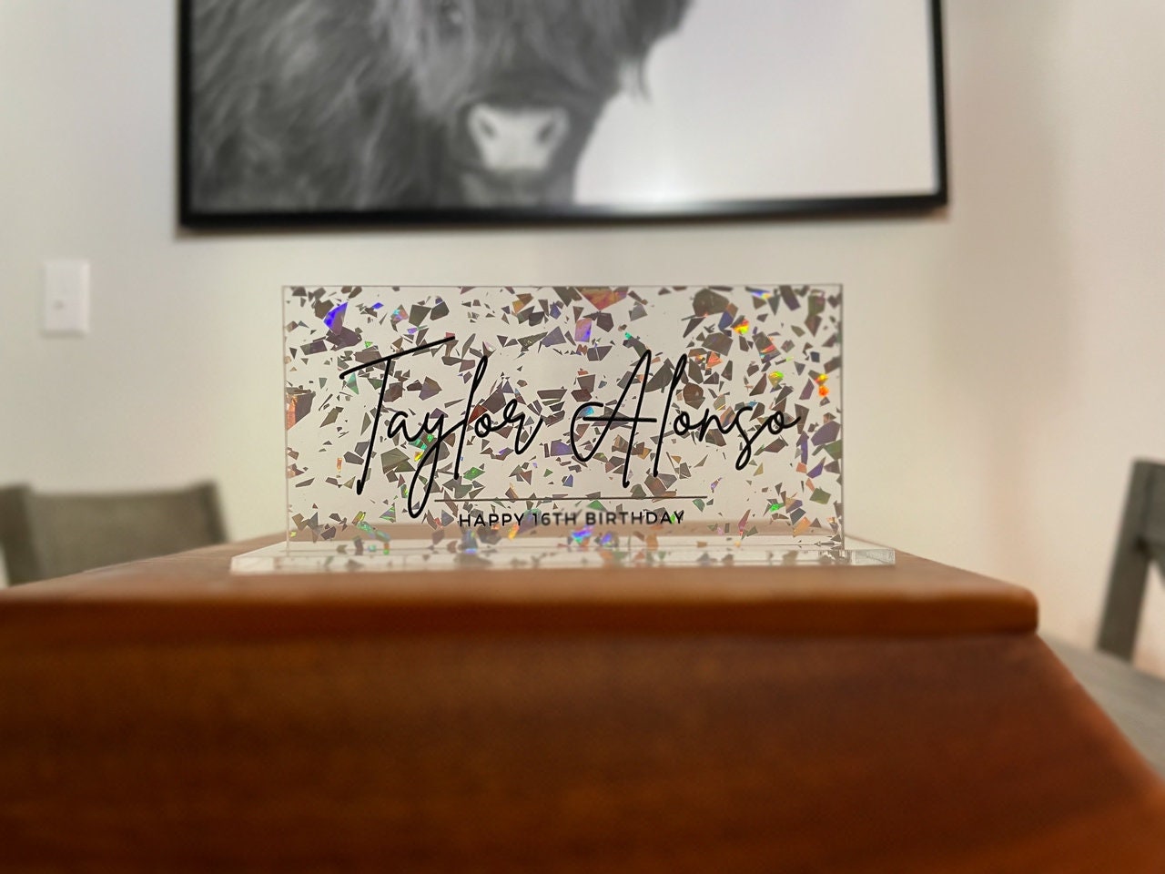 Acrylic Name Plate, Modern Calligraphy Name Card, Specialty Glitter Acrylic, Lucite Birthday Party,  Laser Cut, Quinceañeras Table Decor