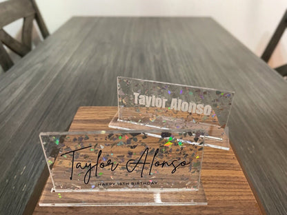Acrylic Name Plate, Modern Calligraphy Name Card, Specialty Glitter Acrylic, Lucite Birthday Party,  Laser Cut, Quinceañeras Table Decor
